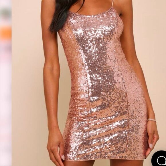 New with Tag. Small Lulus Bring It Rose Gold Sequin Bodycon Mini Dress (M1) - Picture 2 of 6